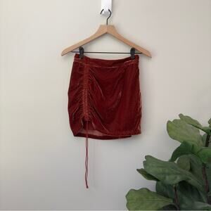 Free People Ruched Velvet Mini Skirt Adjustable Tie Hem Zipper Zip Up Side Brown